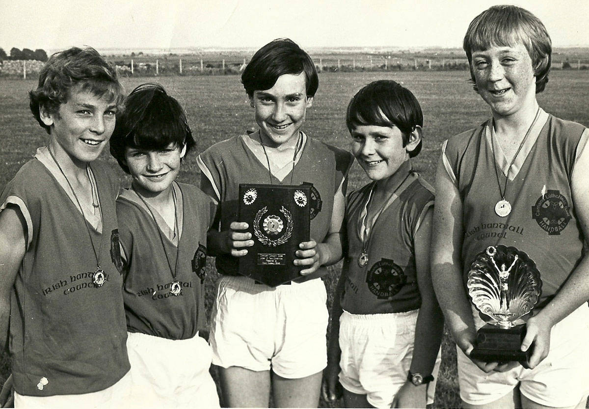 Martin Commins (Rooaunmore), Michael O’Hagan (Cahergowan), Tommy Duggan (Lakeview), Jimmy Duggan (Lakeview) and Kieran Moylan (Summerfield) after the U13 Handball League in 1977.
